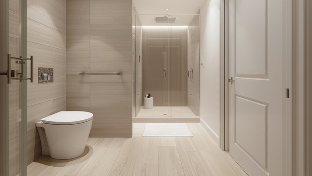 sleek bathroom featuring light wood tiles, a white toilet, glass shower, and a white door