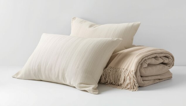 Two pillows and a folded blanket against a white backdrop. Bedding collection on a white surface. Bedding brochure