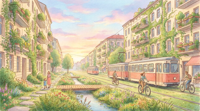 Eco-friendly sustainable city street with green buildings, tramways, cyclists and a stream watercolor illustration