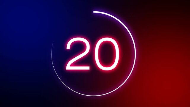 3D render of a glowing digital neon countdown timer from 25 to 0 seconds inside a color-changing circle. Time management element on a transparent alpha channel