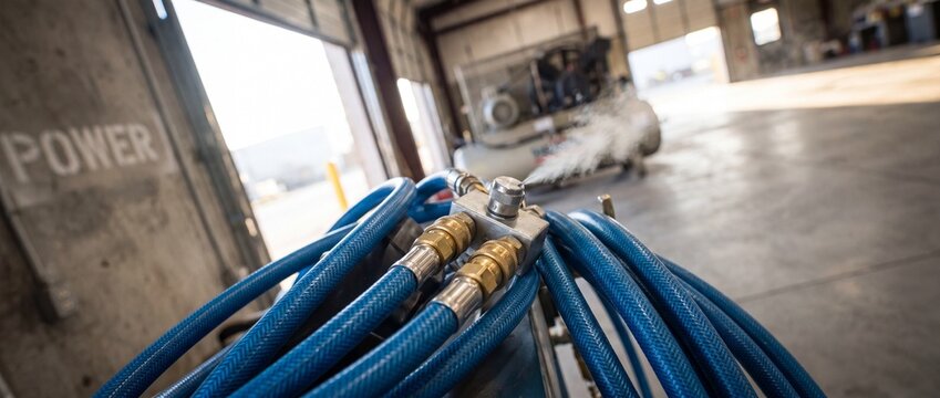 Blue compressed air hose fitting releasing high pressure steam inside an industrial workshop garage showcasing modern pneumatic system maintenance, professional gear, and garage workshop tool setups.
