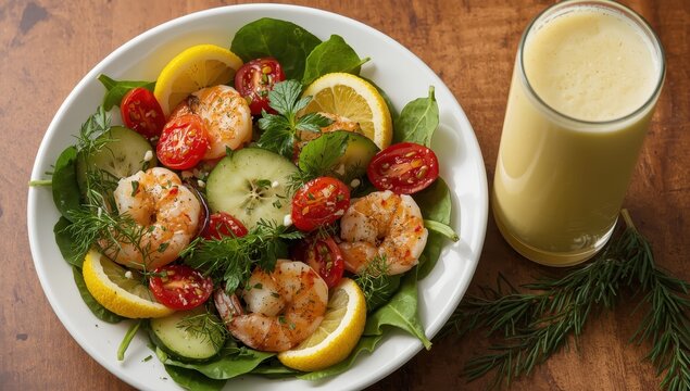 A dish includes a vibrant salad of spinach, cherry tomatoes, cucumber, and lemon, accompanied by seasoned shrimp with dill. A creamy beverage rounds out the nutritious meal