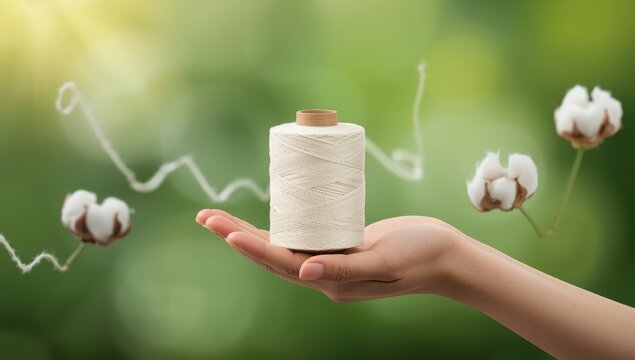Spool of raw white polyester filament yarn held in hand, with a blurred green backdrop