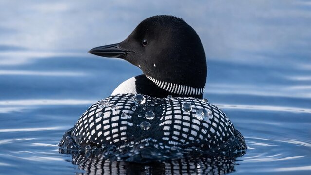 Extreme close-up portrait of a Common Loon floating on a blue pond with crisp water droplets on its detailed checkered feathers
