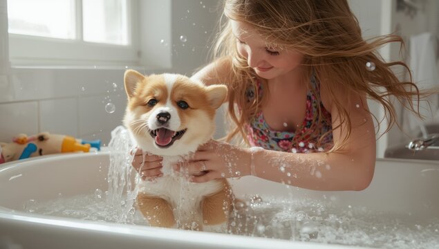 A girl washes a Pembroke Welsh Corgi puppy, applying shampoo to its coat. Joyful pup. Themes of care, pet wellness, and breed