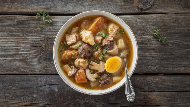 Tasty soup featuring smoked chicken, mushrooms, eggs, and cream. Vintage backdrop. Aerial perspective