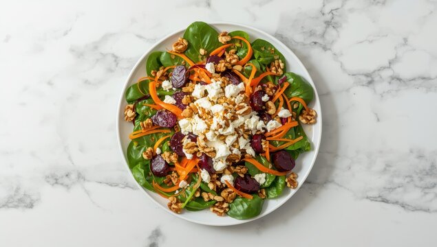 Tasty salad featuring beets, feta, spinach, walnuts, and carrots on a white marble surface, overhead view. Room for text