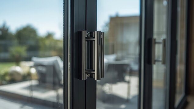 Detailed look at a sliding glass door or window featuring a black aluminum frame, emphasizing the handle mechanisms
