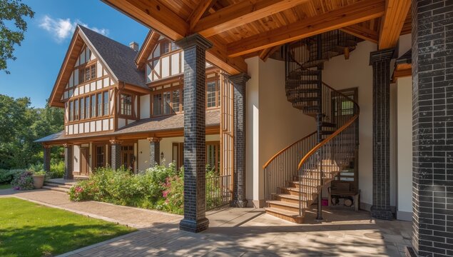 Unique mansion design featuring half-timbering. Bright summer day. Expansive windows, winding staircase, and columns with dark brick accents