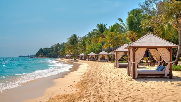 Coastal gazebos with palm trees, perfect for resorts, tours, cottages, and eco-adventures. Enjoy local charm and attractions