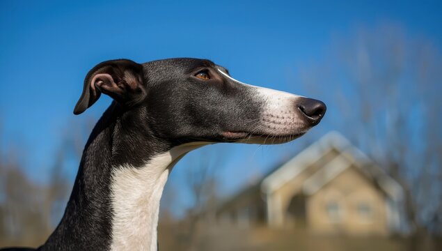 Close-up of a black and white Russian Greyhound's face, featuring a graceful long muzzle, set against a blue sky
