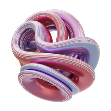 Complex 3d abstract knot sculpture with layered pink and blue metallic ribbons forming a dense spherical shape on a dark
