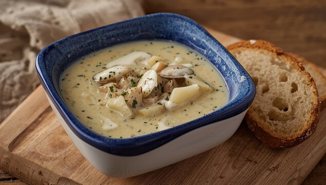 Isolated close-up of a blue and white bowl of New England clam chowder. Rich, creamy seafood soup. Classic, served hot. Accompanied by sourdough bread. Culinary photography.