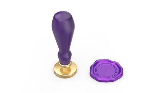 Personal stamp and purple wax seal on white background