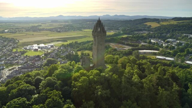Aerial view of the National Wallace Monument on Abbey Craig, a tower commemorating Sir William Wallace