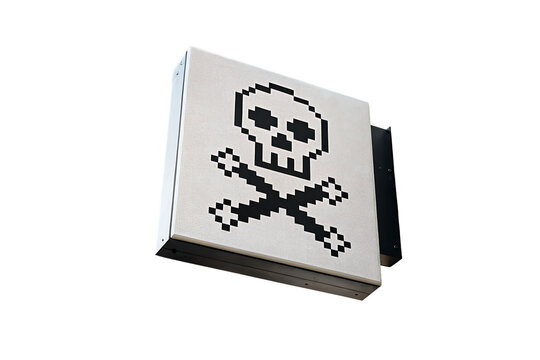 Square sign featuring a pixel skull and crossbones warning symbol isolated on a transparent background