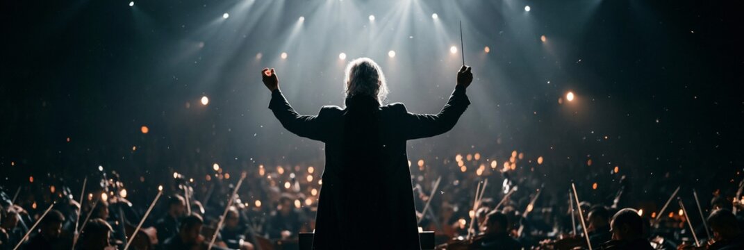 A white-haired film composer conductor leading a full orchestra in a concert hall, inspiring mood, dramatic stage lighting, centered wide composition with sweeping strings.
