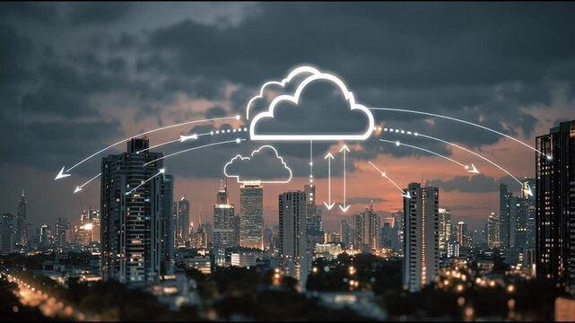 abstract cloud social media innovative cyber security network, using interconnected nodes to represent business partnerships on the Smart digital Innovation city with connection network reciprocity ov