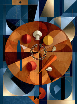 An overhead, clean-line graphic illustration featuring stylized geometric food ingredients like onions, mushrooms, garlic, and a knife on a circular wooden board.