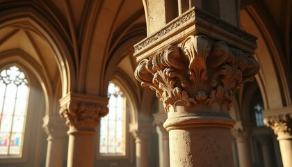 Obraz premium Close view of ornate stone column capital in gothic cathedral interior. Sunlight streams through arched windows with stained glass, illuminating architecture.
