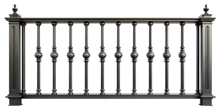 Classic black metal balustrade railing with ornate spindles and decorative finials for architectural staircase or balcony safety isolated on a transparent background