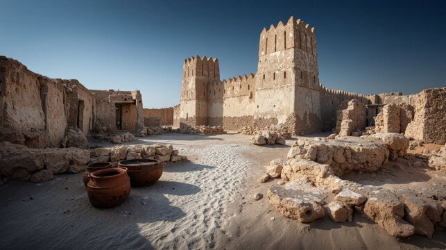 Historic Arabian Gulf Desert Fortress with Ancient Mudbrick Towers, Traditional Fortified Architecture and Cultural Heritage Landmark Inspired by Qatar and Eastern Arabia