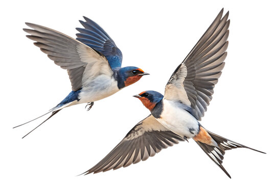 Two barn swallows flying together in mid-air displaying vibrant blue and orange plumage with spread wings captured in dynamic flight motion isolated on a transparent background