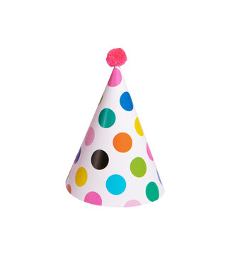 Paper party hat isolated PNG on transparent background, festive cone shaped birthday accessory for celebrations and special events