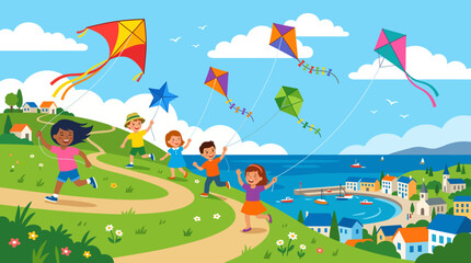 Obraz premium Group of Diverse Happy Children Running Along a Sunny Coastal Hillside Path While Flying Colorful Kites on a Beautiful Summer Vacation Day