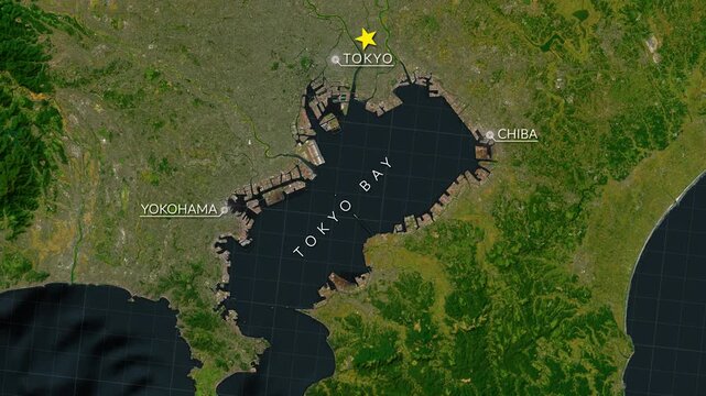 Tokyo Bay Satellite Map Animation with Tokyo, Yokohama and Chiba Labels 4K
