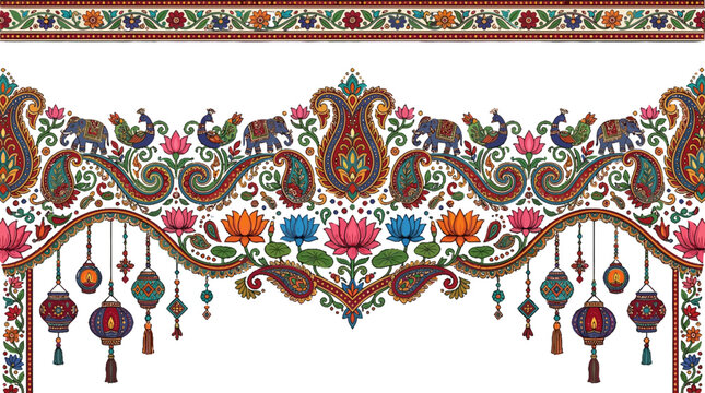Intricate traditional textile pattern featuring ornate motifs of elephants, floral designs, hanging lanterns, and vibrant colors
