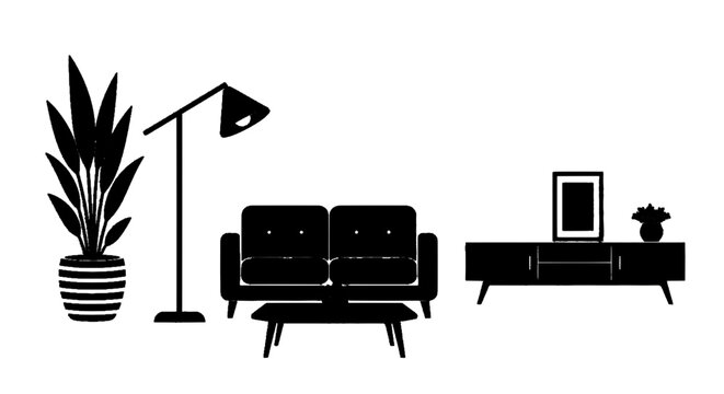 Minimal black silhouette icon, simple flat vector, bold black shape, no, no shading living room furniture set with sofa, coffee table, lamp and houseplant on a, flat icon style