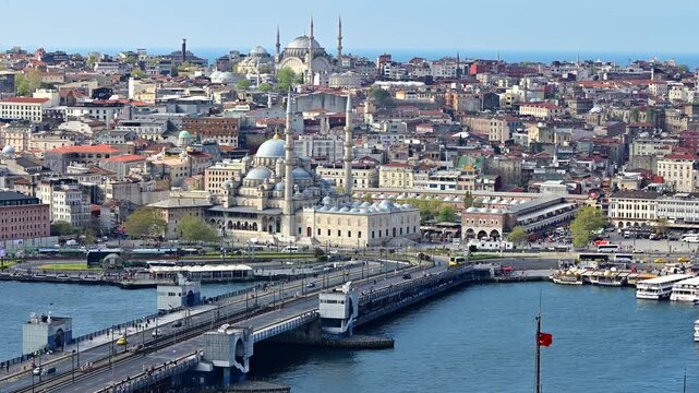 panoramic view of the historic city of istanbul in turkiye, with the view of the galata bridge, urban area and mosques.