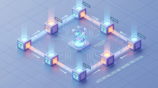Decentralized Blockchain Network Protocol Isometric Diagram with Consensus Engine and Validated Blocks