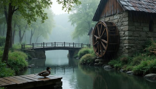 Duck rests on wooden pier near old mill with water wheel by river. Bridge crosses stream in rainy forest. Misty weather over tranquil water scene.