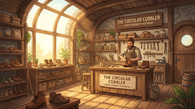 Cozy Digital Illustration of an Eco-Friendly Cobbler in a Sunlit Wooden Workshop Making Sustainable Footwear