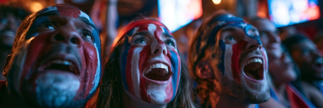 Diverse soccer fans in red, white, and blue face paint watching a match on a giant screen in a packed bar, electric anticipation, bright screen glow and dim ambient light, energetic wide composition.