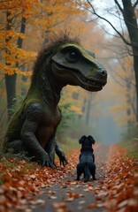Obraz premium A mossy dinosaur-like creature sits on a forest path. A small black dog looks up at the strange being. Autumn leaves cover the ground. Woodland scene evokes fantasy and mystery.