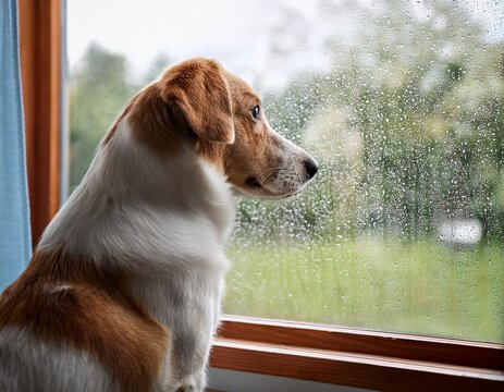 dog at window watching the rain