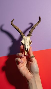 Hand holds animal skull with curved horns against purple and red background. Shadow casts eerie shape on wall. Symbolizes death nature and ancient beliefs, perhaps occult ritual.