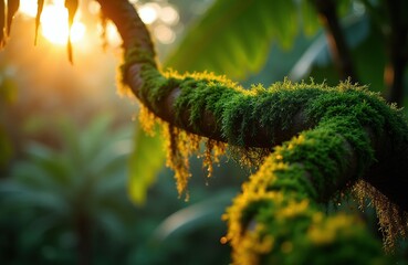 Obraz premium Thick green moss covers tree branch in dense jungle. Warm sunset light filters through leaves, illuminating water droplets on plants. Lush foliage and sun flare in background.