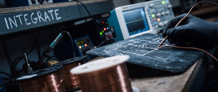 Electrical engineer drawing circuit diagram on slate in electronics laboratory workbench with oscilloscope, soldering tools, and copper wire coils for innovation hardware development project.