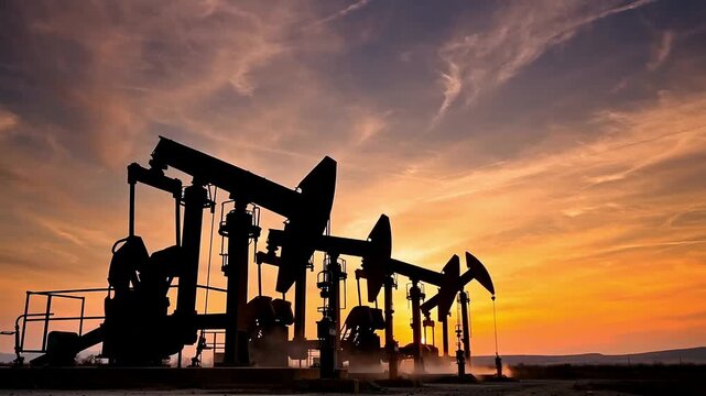 Silhouettes of working oil pump jacks pumping crude oil against beautiful sunset sky