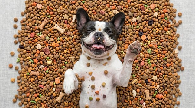 Witzige Franz&ouml;sische Bulldogge liegt gl&uuml;cklich auf dem R&uuml;cken, komplett umgeben von Hundefutter. S&uuml;&szlig;er l&auml;chelnder Hund im Futter-Paradies, Draufsicht. KI