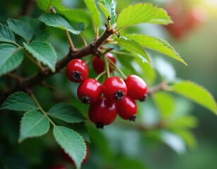 Obraz premium Bright red berries grow on a thorny branch with green leaves. Ripe wild fruit clusters ripen in sunlight. Healthy food nature close up, autumn harvest season detail.