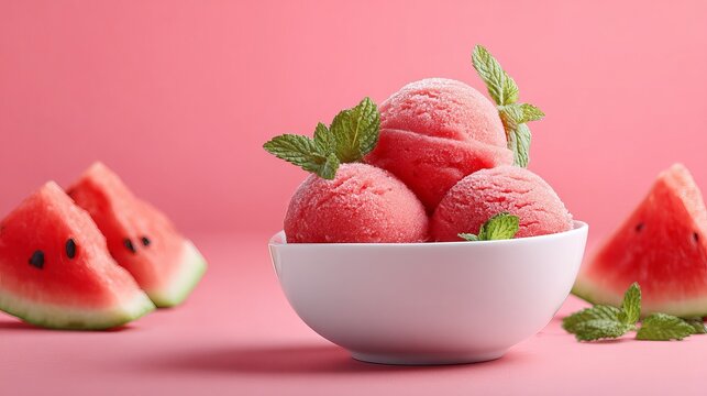 Three refreshing scoops of bright pink watermelon sorbet served in a clean white bowl with fresh green mint leaves garnish