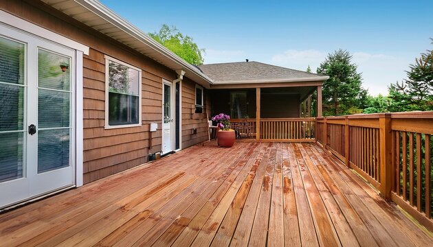 home exterior with cedar wood deck that was freshly stained during spring season before summer use