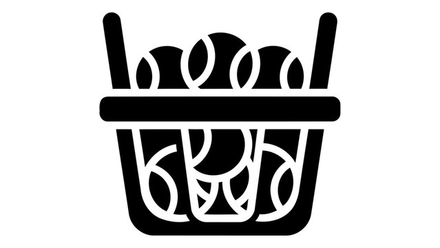 A black icon of a tennis ball hopper basket filled with tennis balls, representing storage and collection of tennis ball