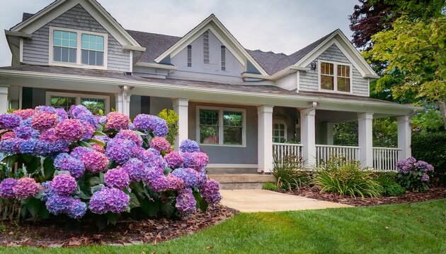 colorful purple hydrangea flowers in full bloom in front yard of home