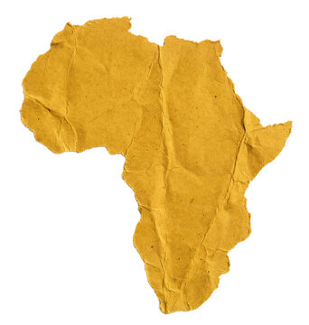 Yellow crumpled paper map of Africa continent isolated on transparent background